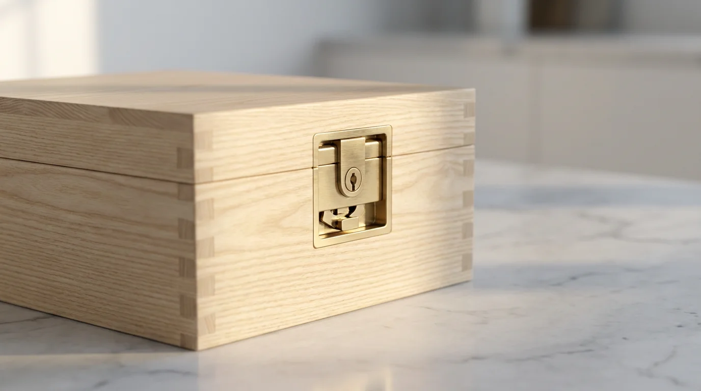 Close-up of a modern wooden box with a sleek metal lock, symbolizing data security.