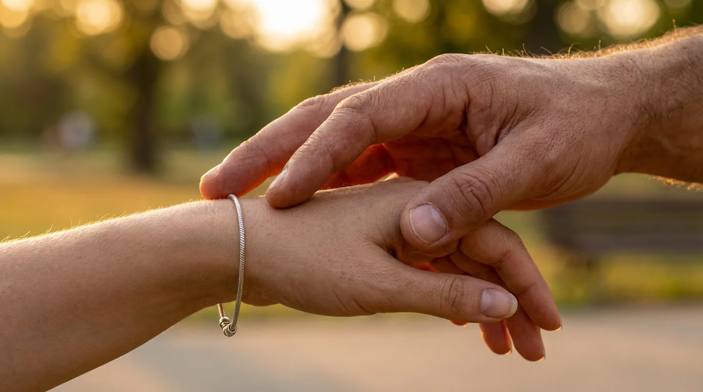 Close-up of a photographer's hands gently posing a subject's hand during golden hour.