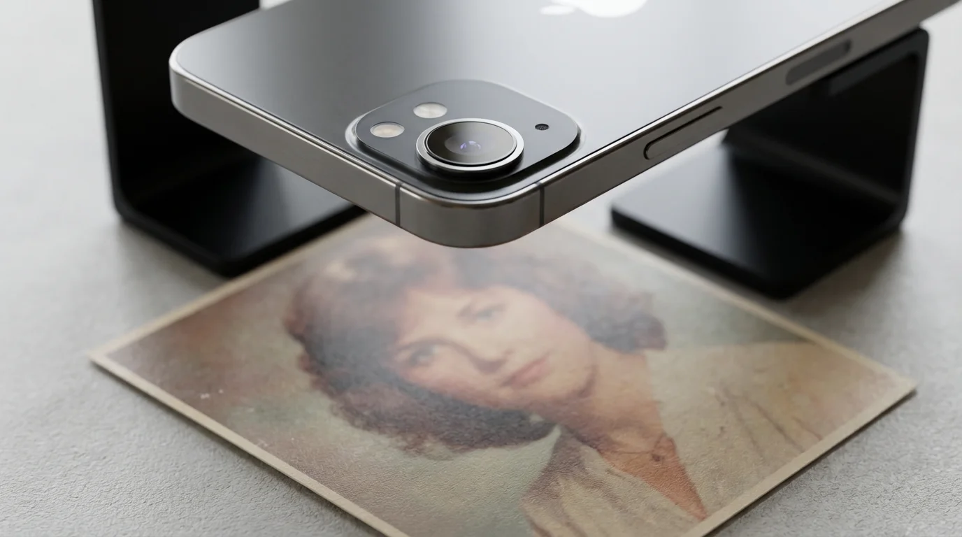 Close-up of a smartphone in a stand positioned perfectly over a vintage photograph for scanning.