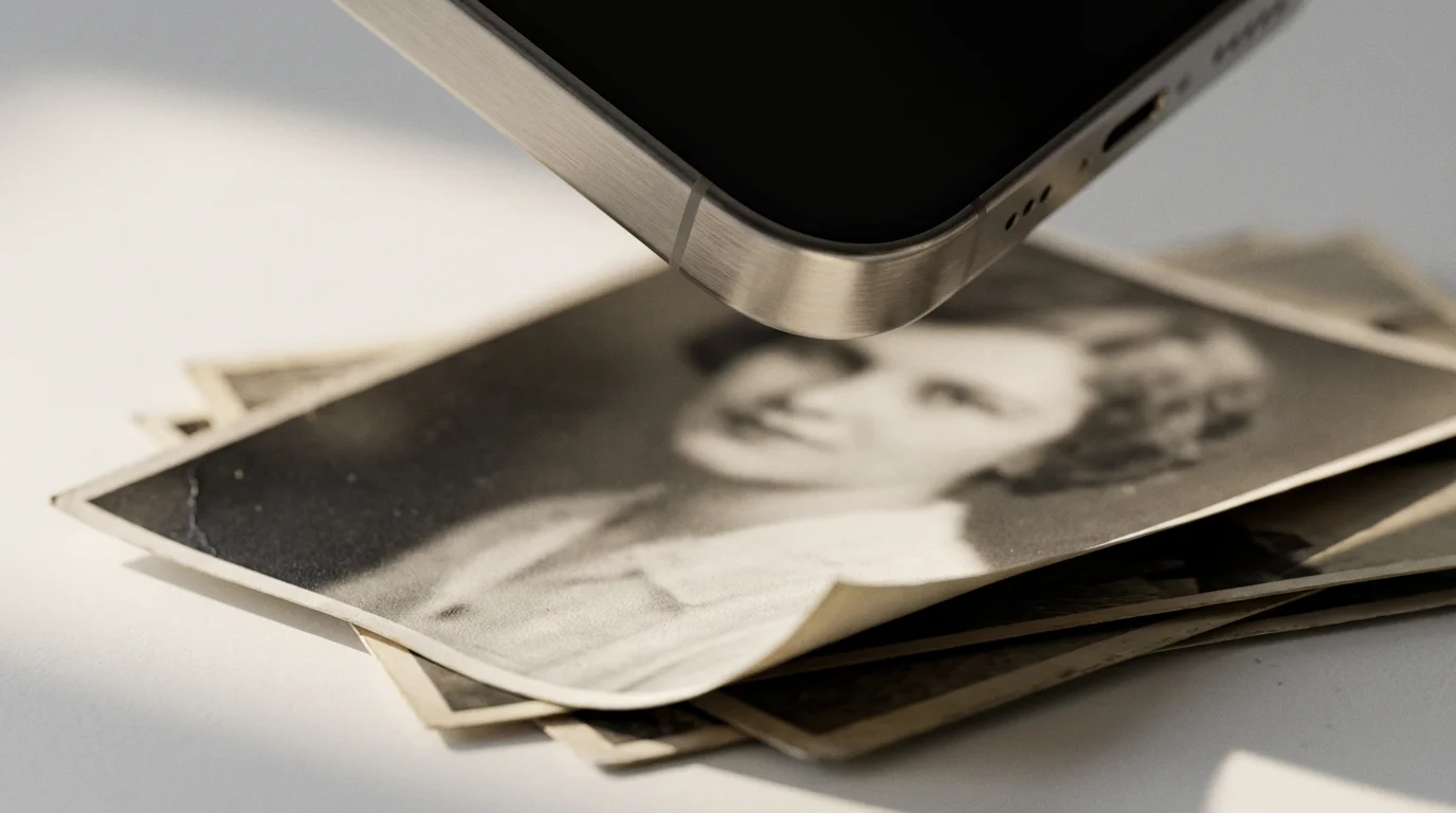 Close-up of a smartphone scanning the corner of a vintage black and white photograph.