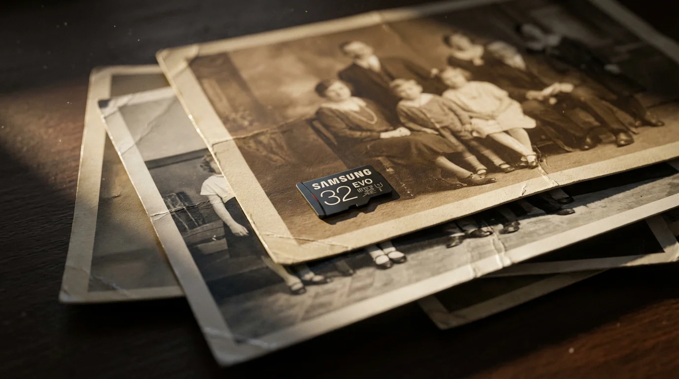 Close-up of a tiny microSD card resting on a stack of vintage family photographs.