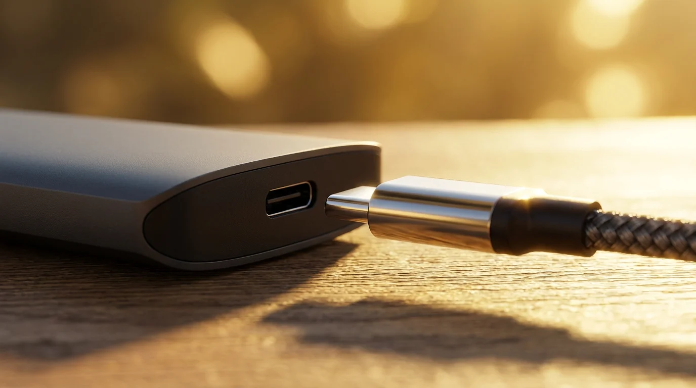 Close-up of a USB-C cable plugging into an external SSD hard drive for backup.