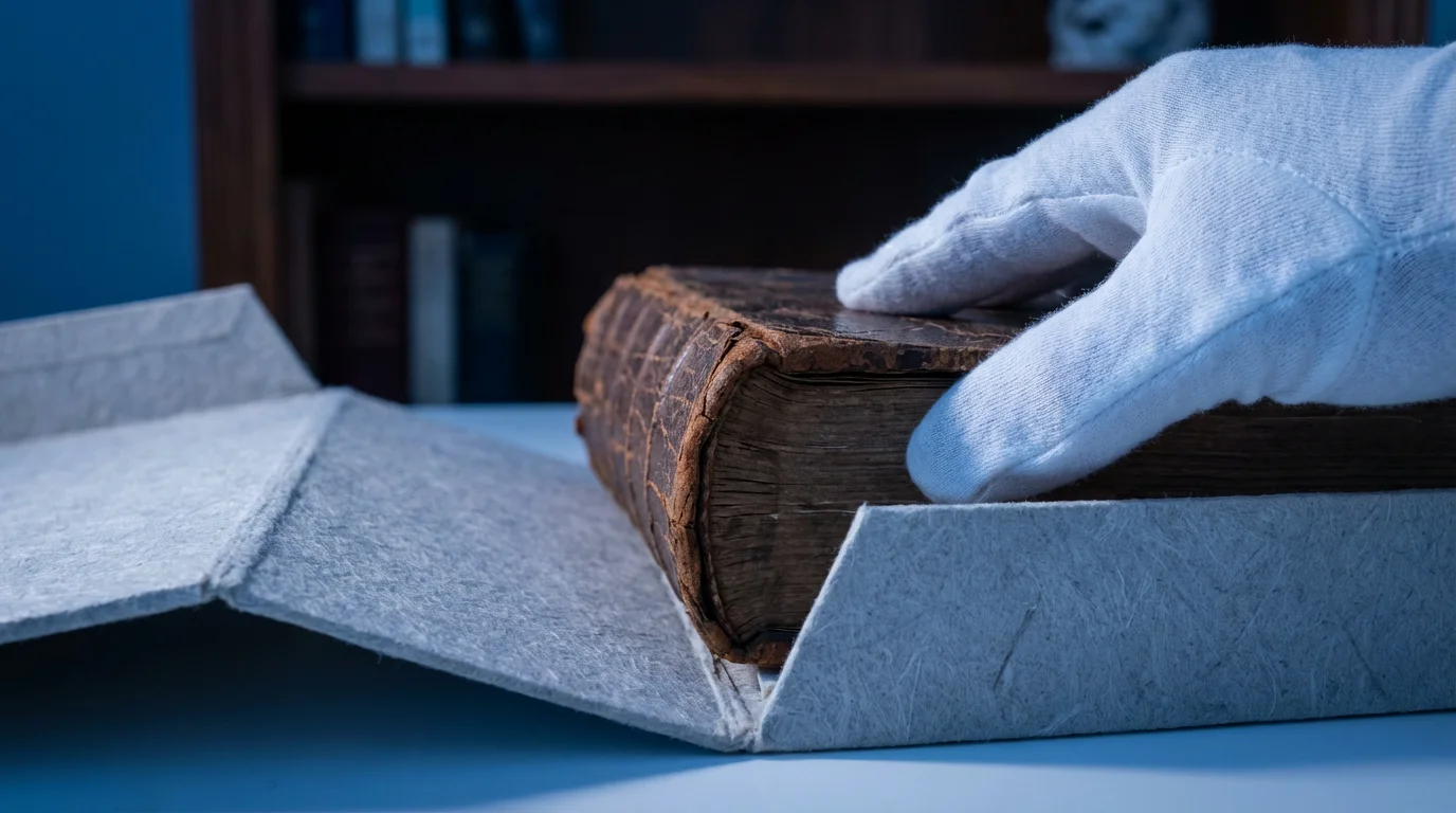 Close-up of a vintage photo album being placed in an archival preservation box.