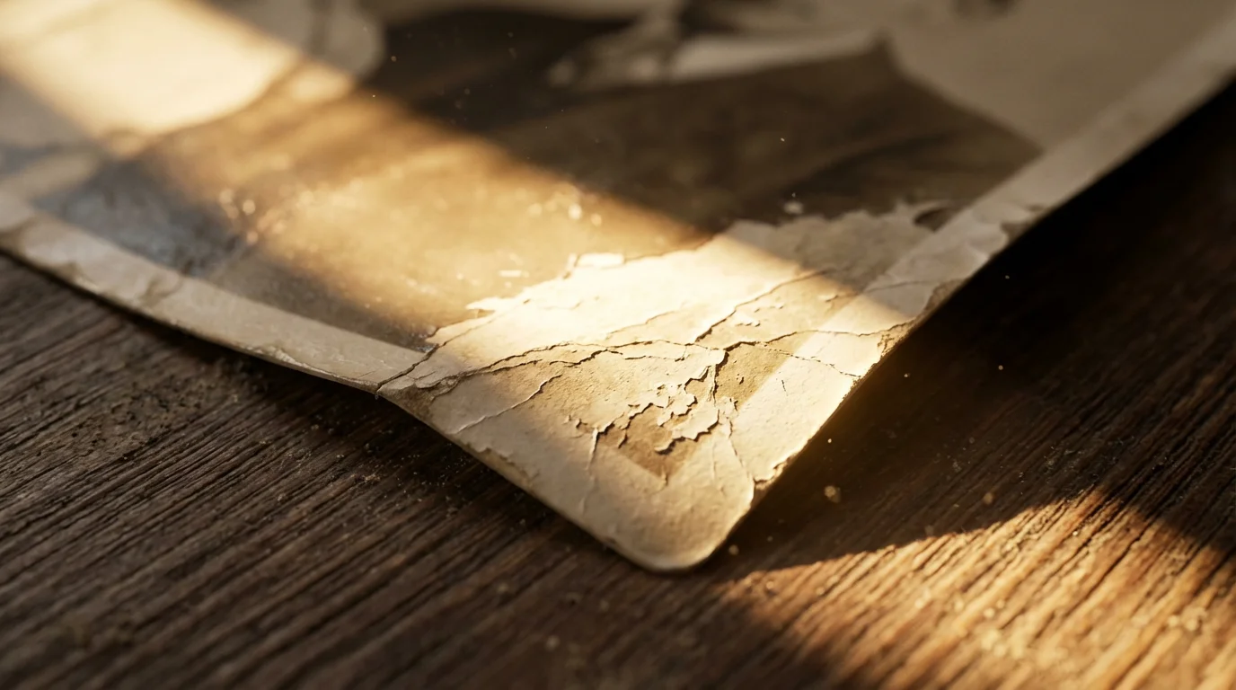 Close-up of a vintage photograph being damaged and faded by a ray of sunlight.