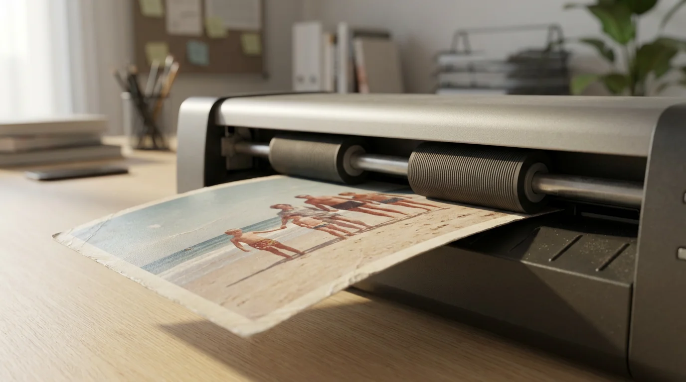 Close-up of a vintage photograph being fed into a modern automatic document scanner.