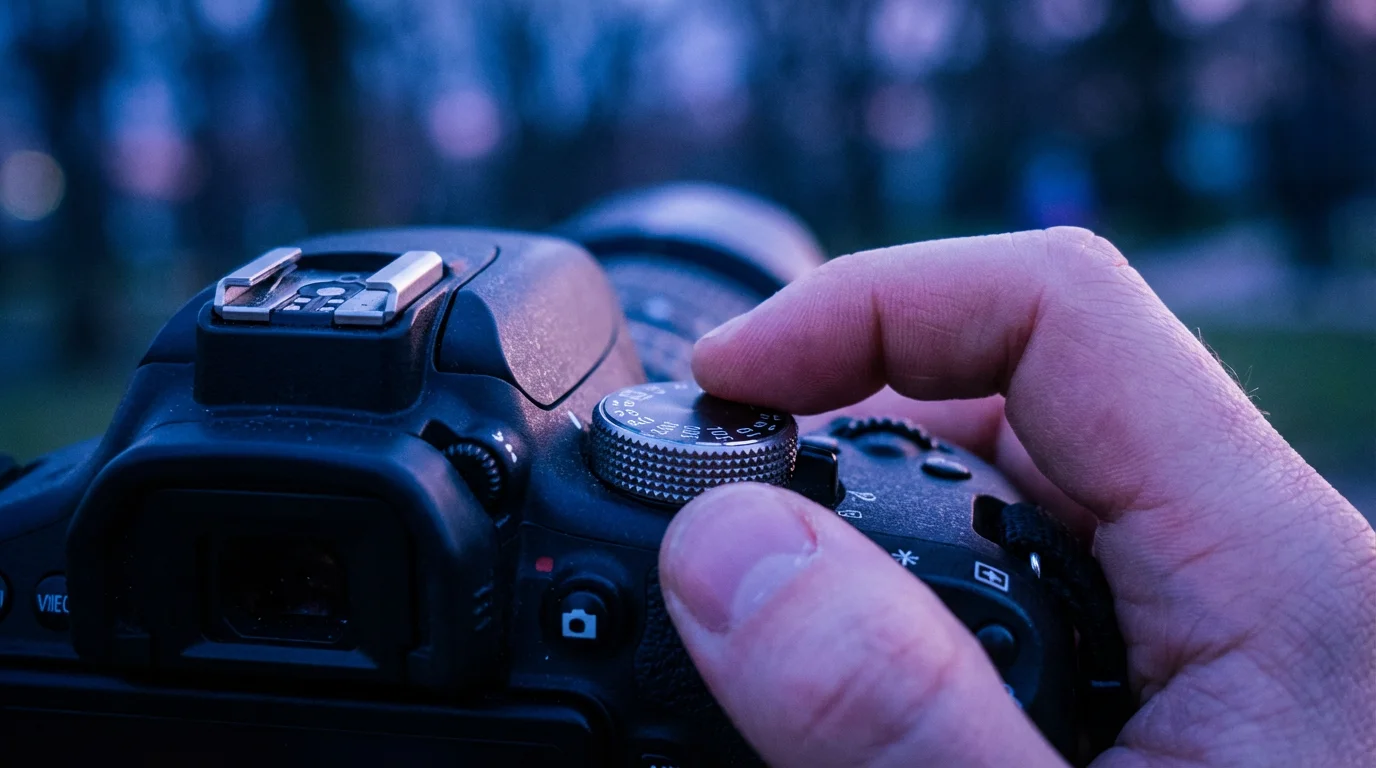 Close-up of fingers adjusting a camera's shutter speed dial during blue hour.
