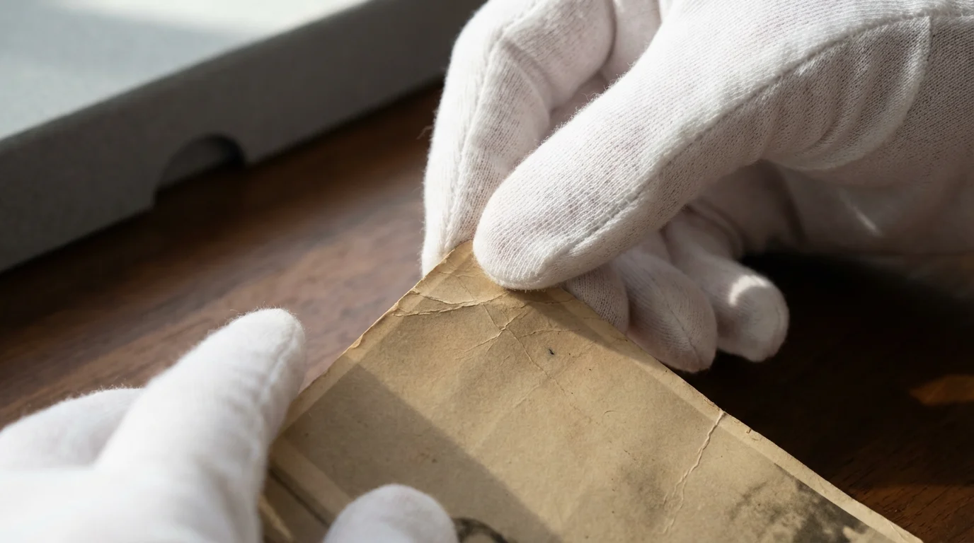 Close-up of gloved hands carefully handling a vintage sepia photograph for archival preservation.