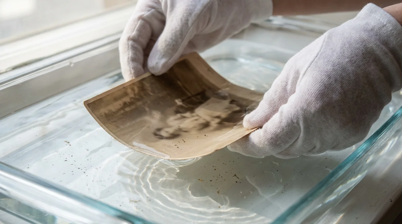 Close-up of gloved hands gently cleaning a vintage water-damaged photo in a water tray.
