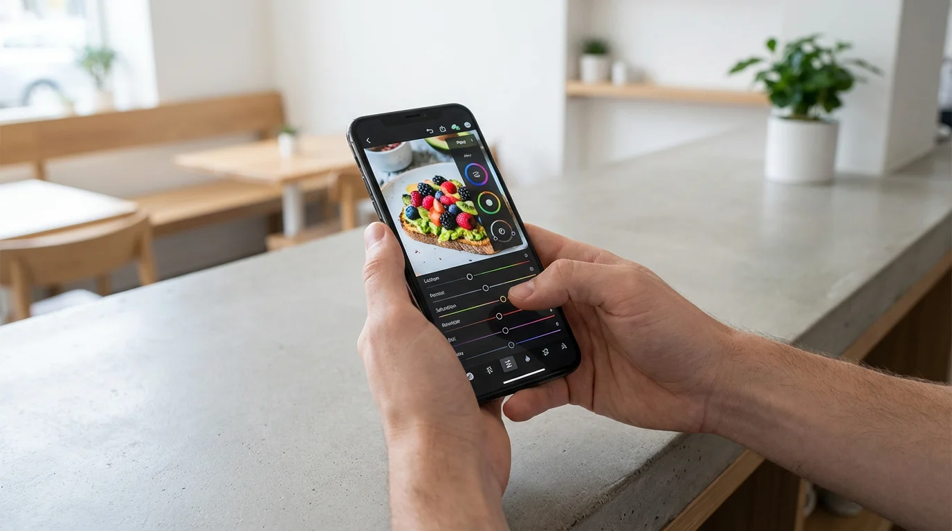 Close-up of hands editing a food photo on a smartphone in a modern kitchen.