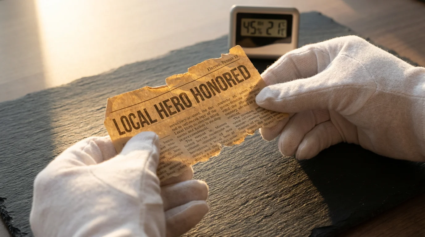 Close-up of hands in white gloves carefully assessing an old newspaper clipping.