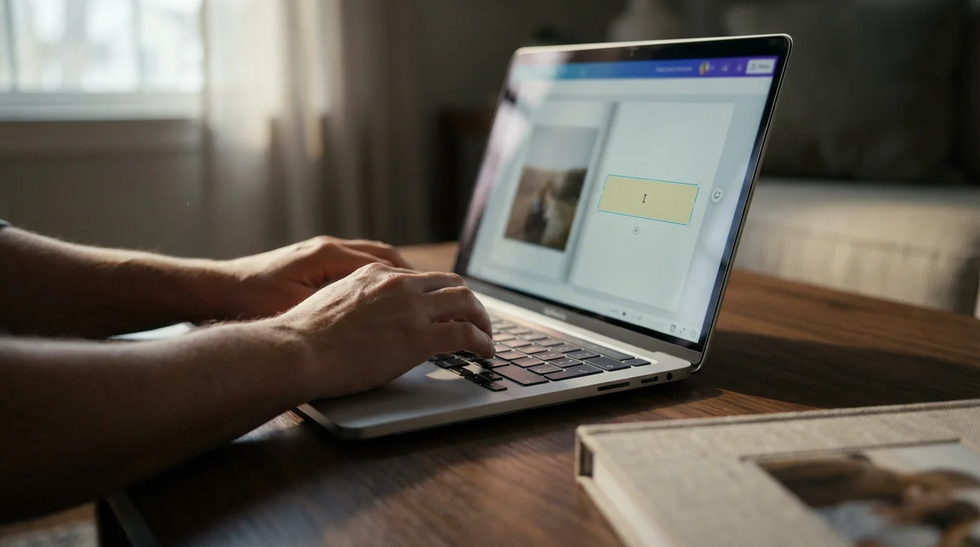 Close-up of hands typing on a laptop, adding captions to a photo book design.