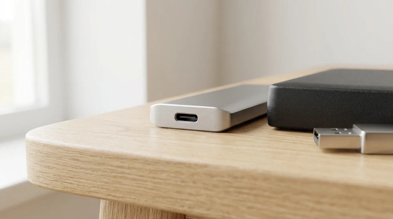 Close-up of various digital backup devices an SSD, HDD, and USB drive.