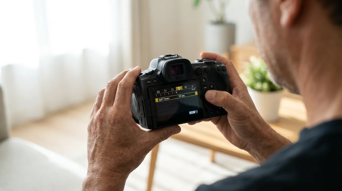 Close-up over-the-shoulder view of hands setting the self-timer function on a camera's screen.