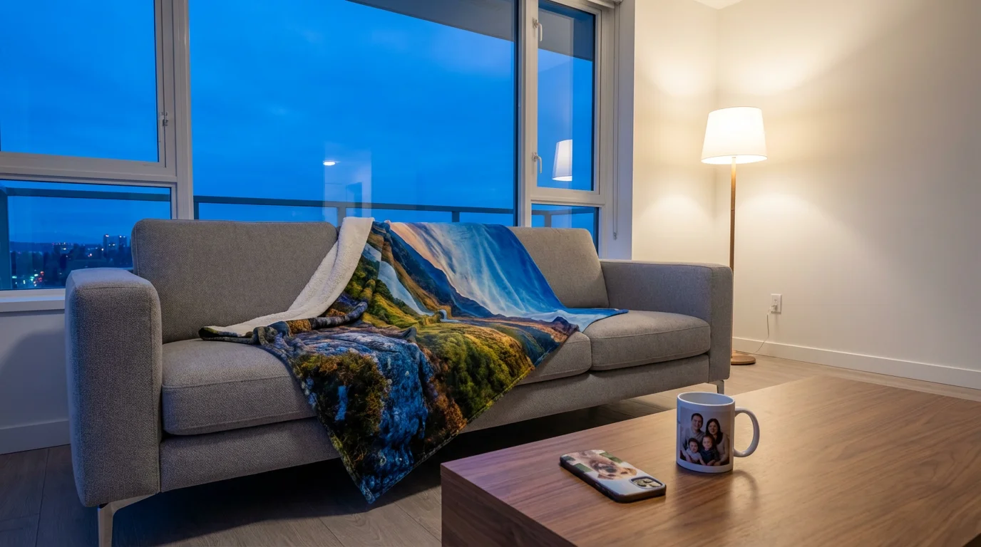 Custom photo blanket, mug, and phone case in a modern living room at dusk.