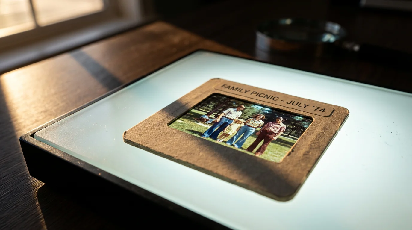 Extreme close-up macro photo of a single vintage 35mm slide glowing on a lightbox.