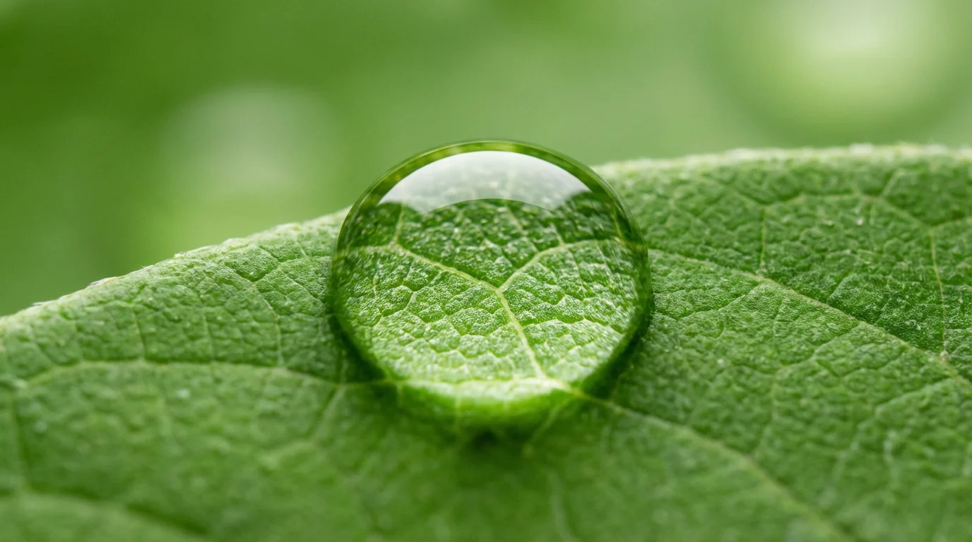 Extreme close-up macro photo of a single, perfect water droplet on a green leaf.