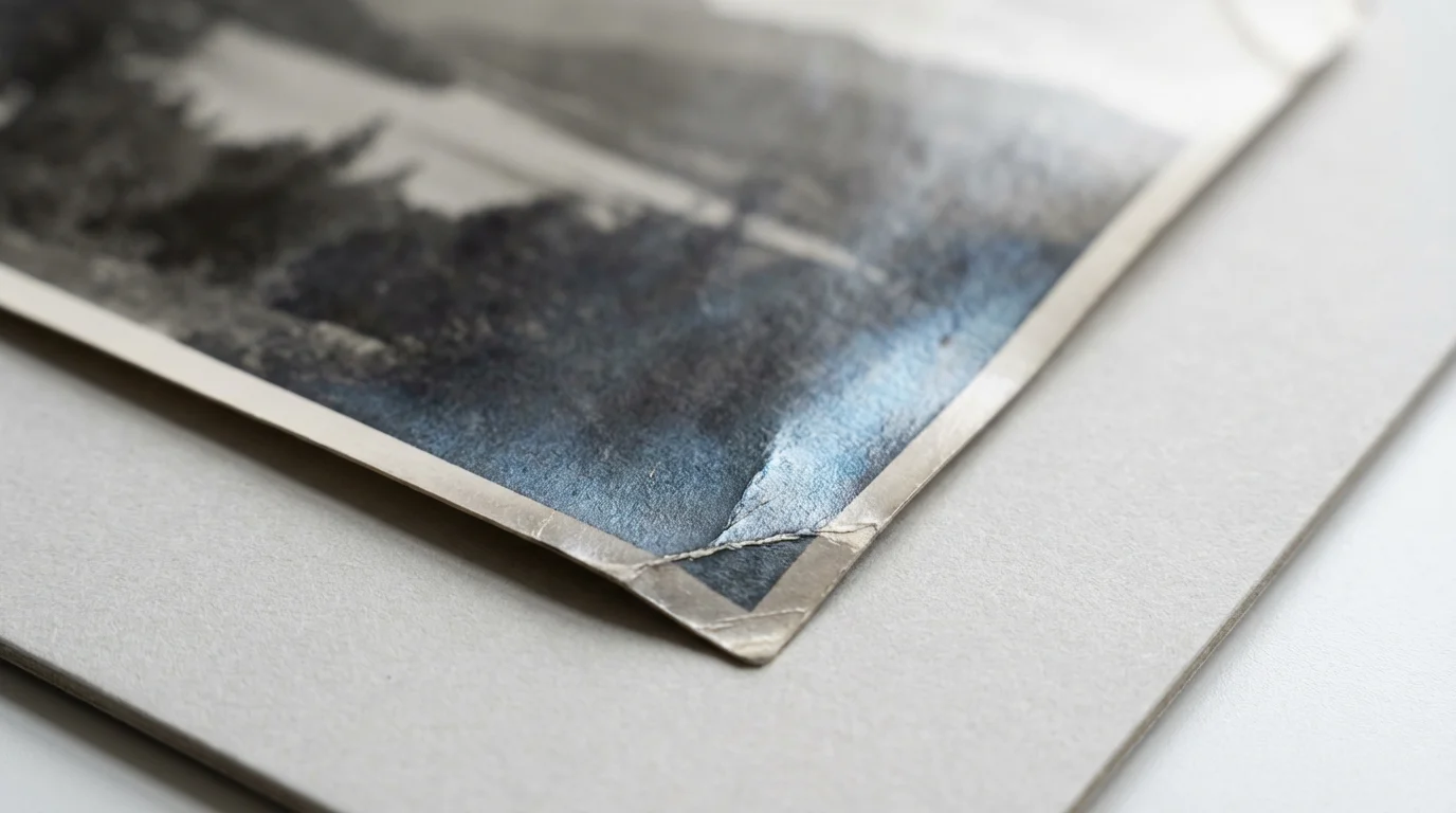 Extreme close-up macro photo showing silvering degradation on an old black and white print.