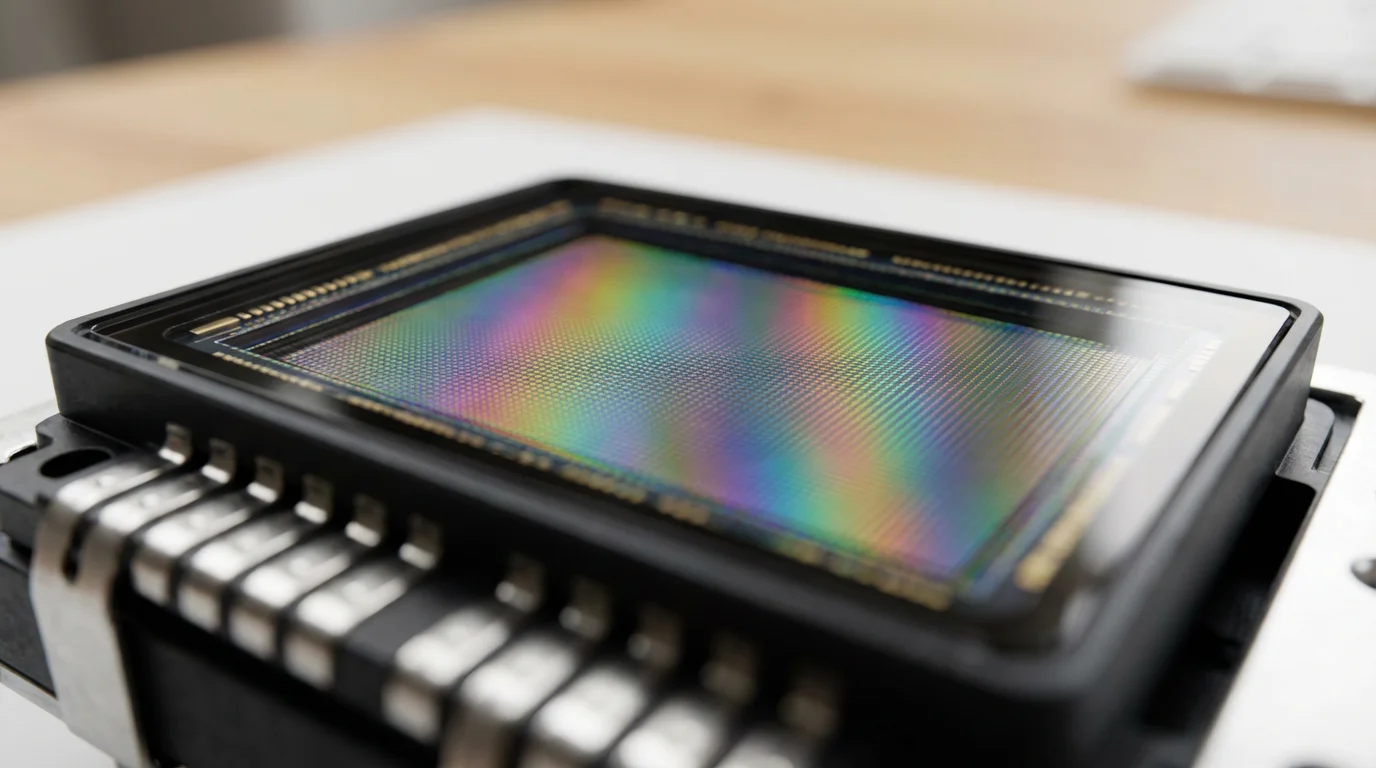 Extreme macro photograph of a digital camera's full-frame sensor glowing in window light.