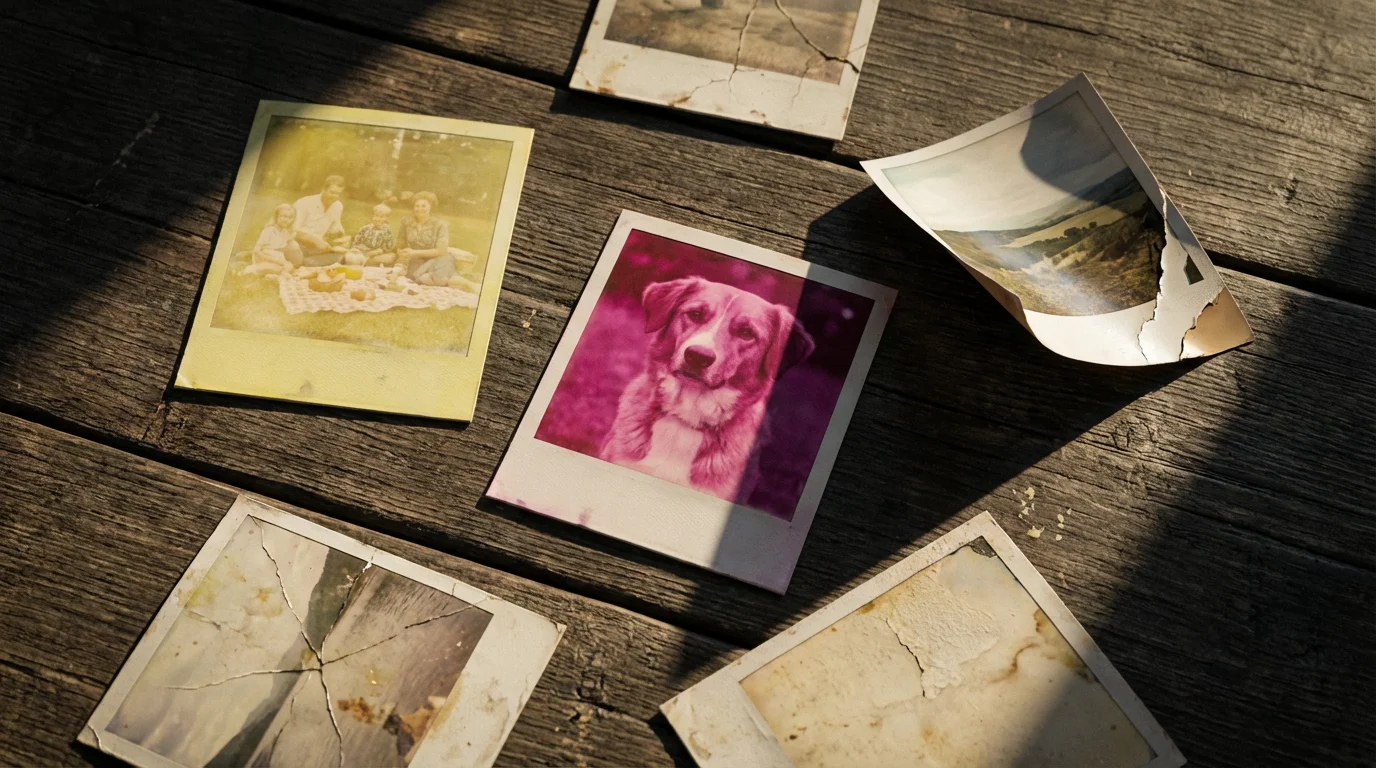 Faded and deteriorating vintage Polaroid photos on a wooden surface in moody afternoon light.