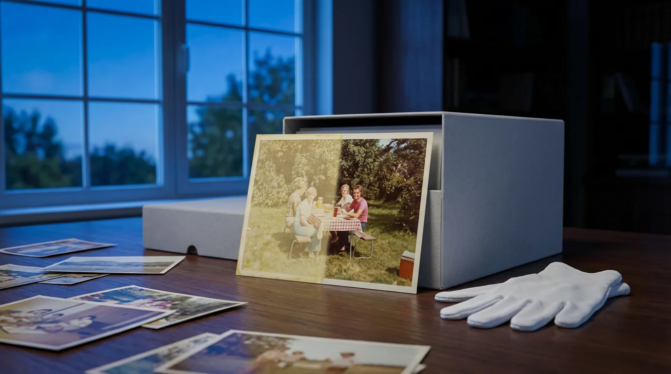 Faded vintage photograph on a desk showing light damage compared to a preserved section.