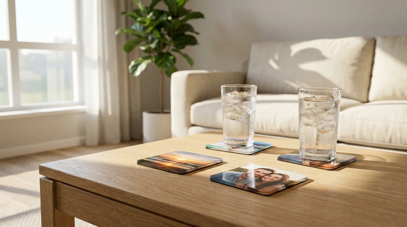 Finished custom photo coasters with drinks on a modern wooden coffee table.