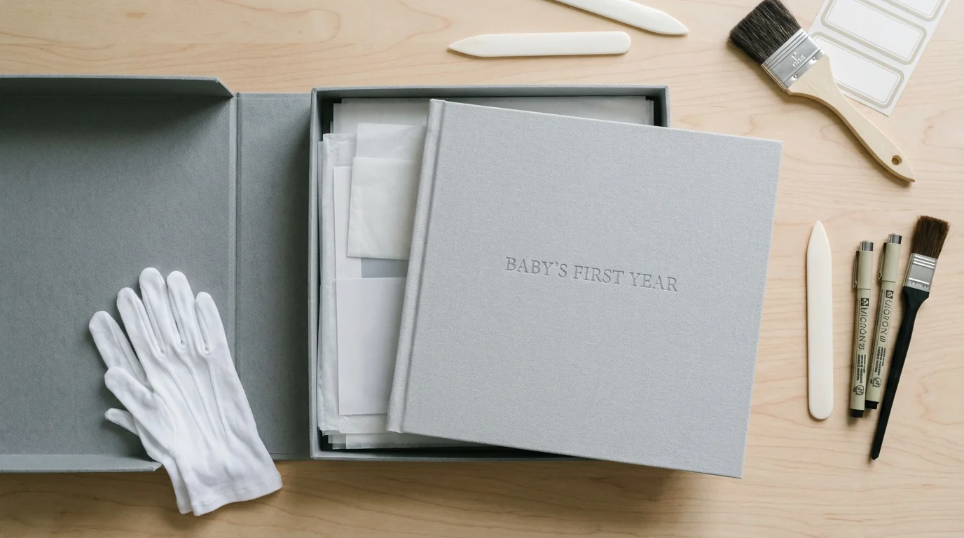 Flat lay of a baby photo album, archival storage box, and white cotton gloves.