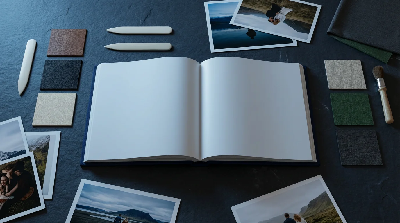 Flat lay of a blank hardcover photo album with cover material swatches.
