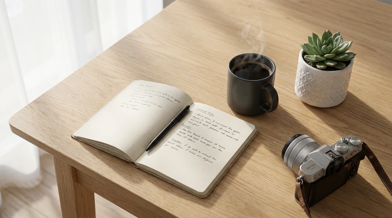 Flat lay of a camera, coffee, and plant arranged by a window for photography.