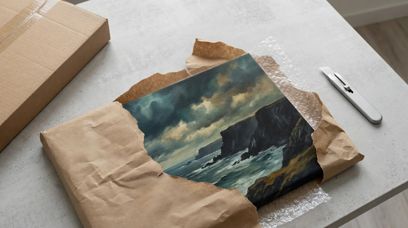 Flat lay of a canvas print landscape being unboxed from its shipping packaging.