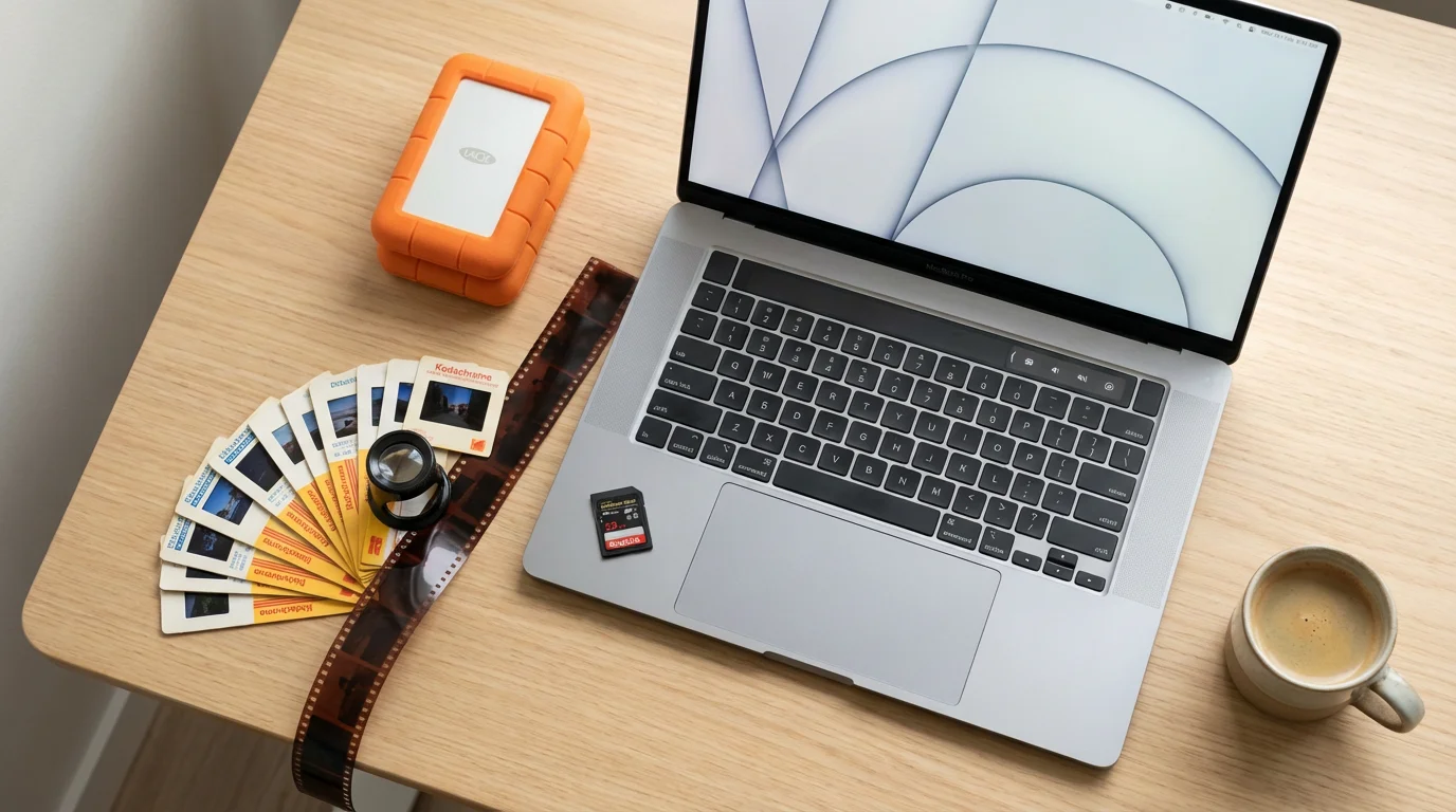 Flat lay of a desk with laptop, external hard drives, and 35mm slides.