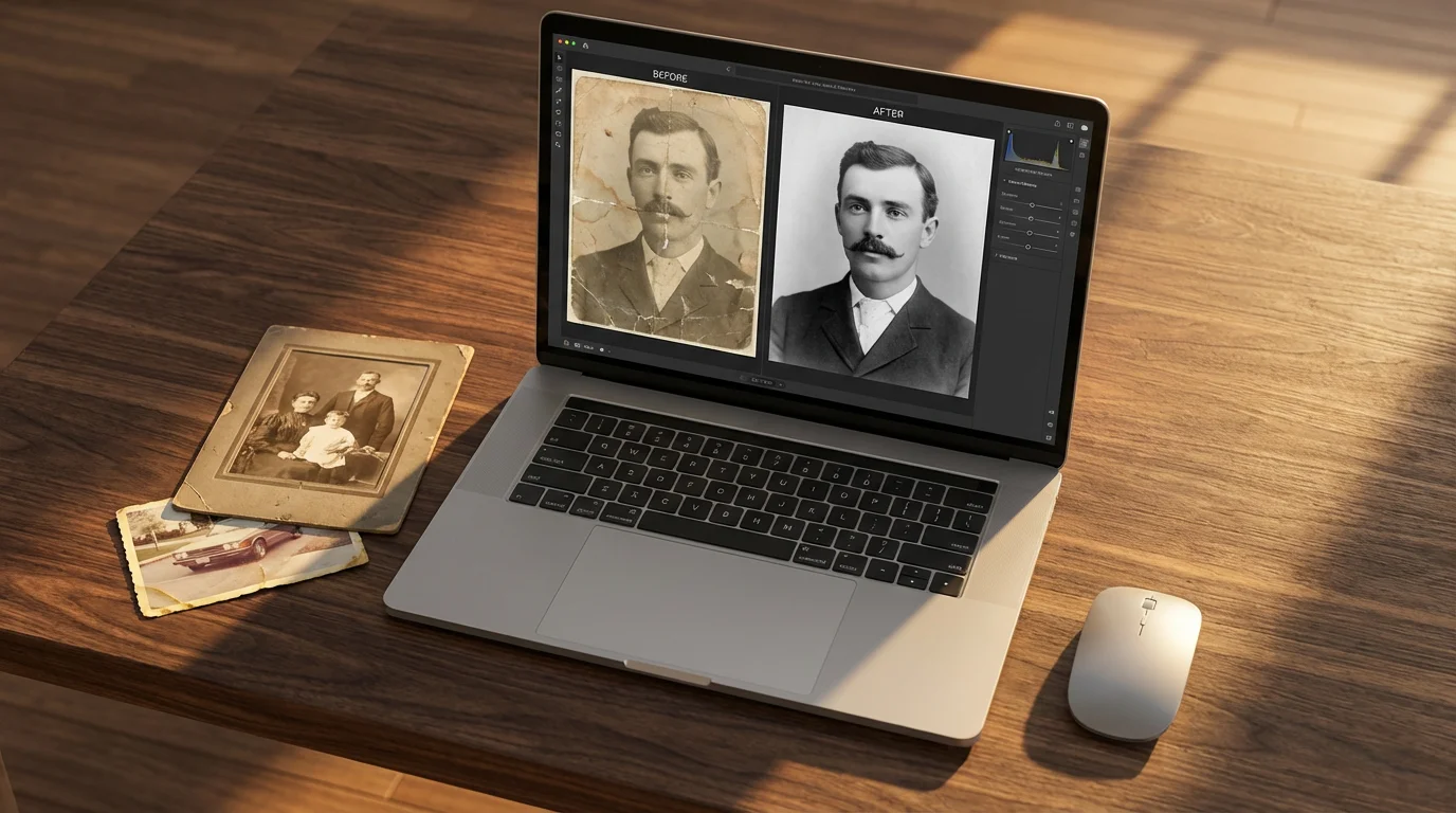 Flat lay of a laptop displaying photo restoration software next to vintage photographs.
