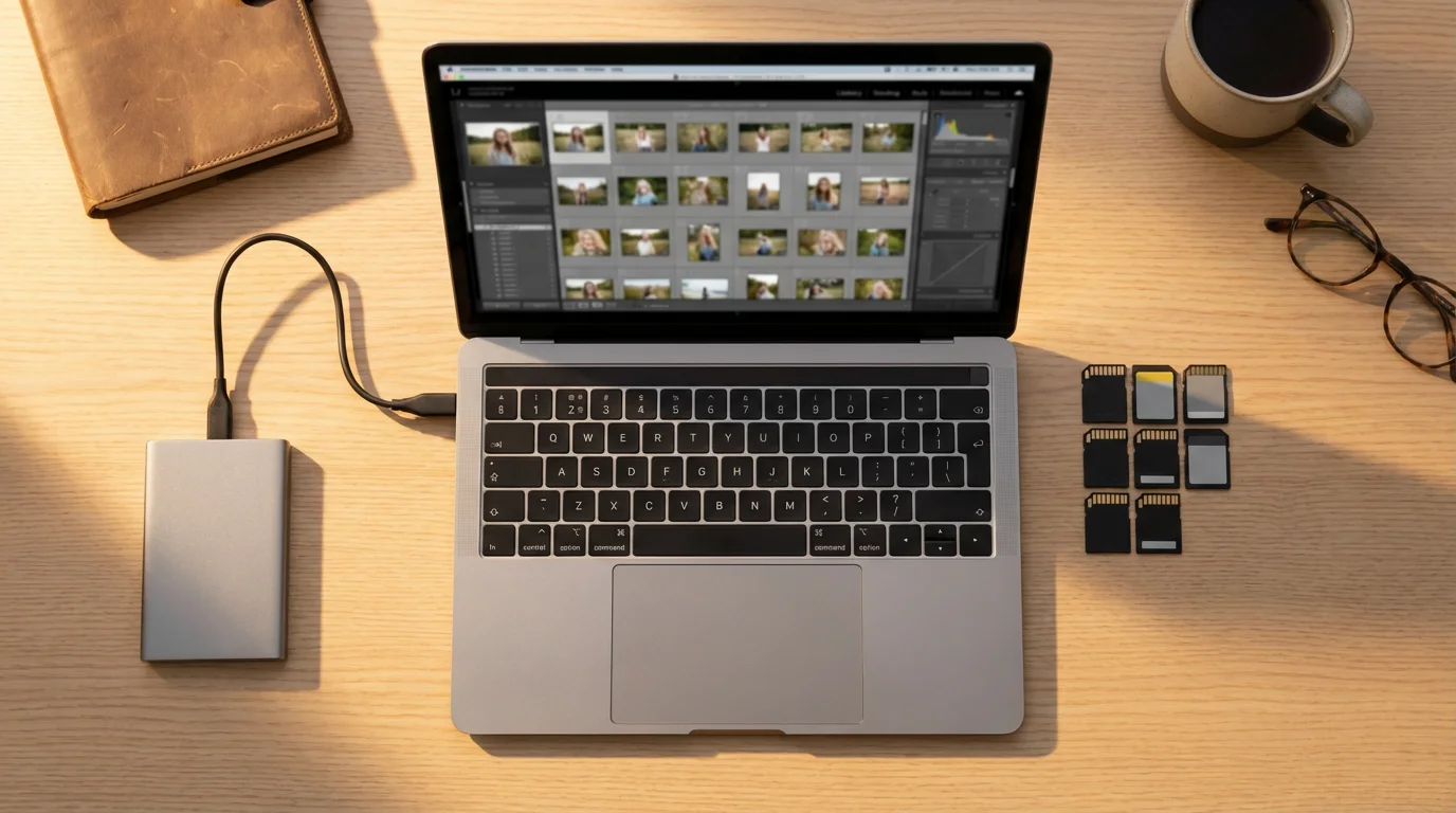 Flat lay of a laptop, external hard drive, and SD cards for photo editing.
