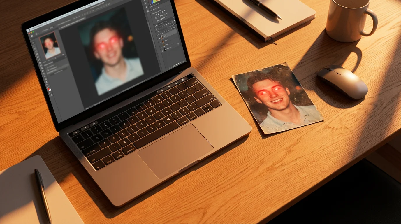 Flat lay of a laptop, mouse, and an old photo with red eye.