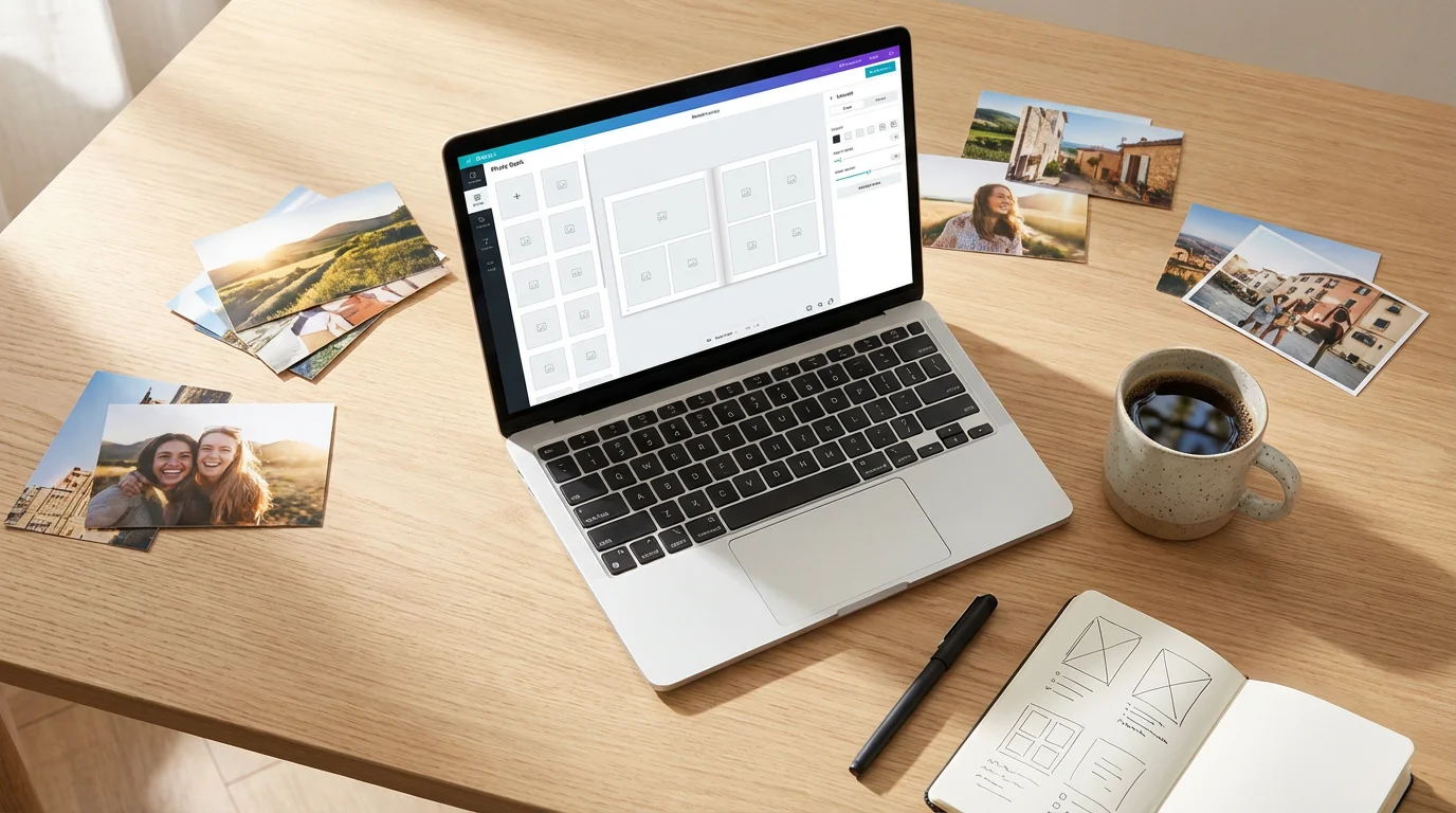 Flat lay of a laptop showing photo book design software, surrounded by prints and coffee.