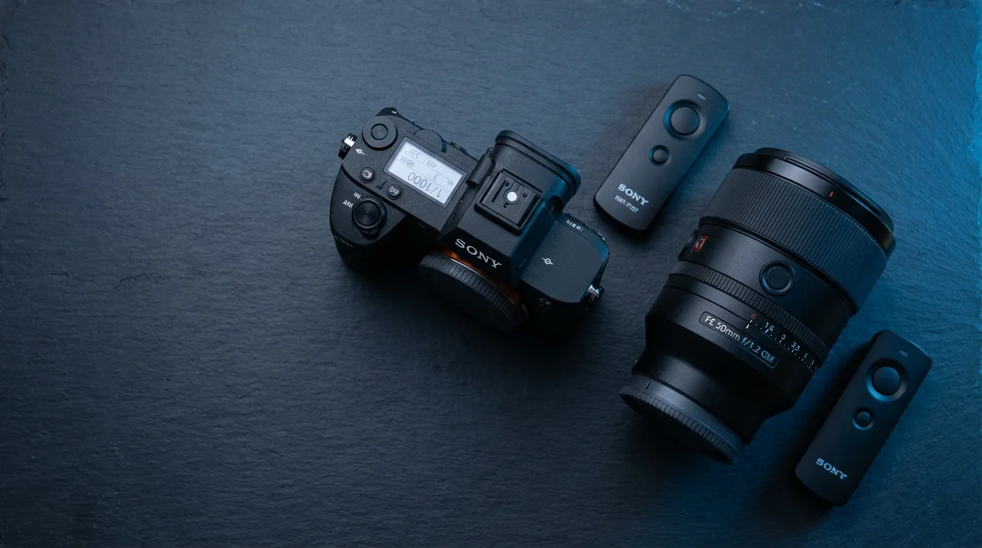 Flat lay of a mirrorless camera, lens, and remote shutter for preventing blurry photos.