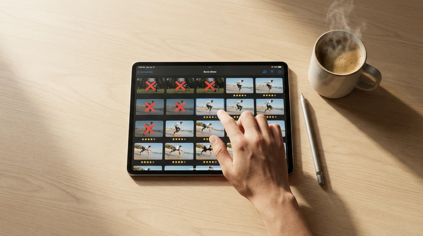 Flat lay of a person organizing photos on a tablet on a wooden desk.