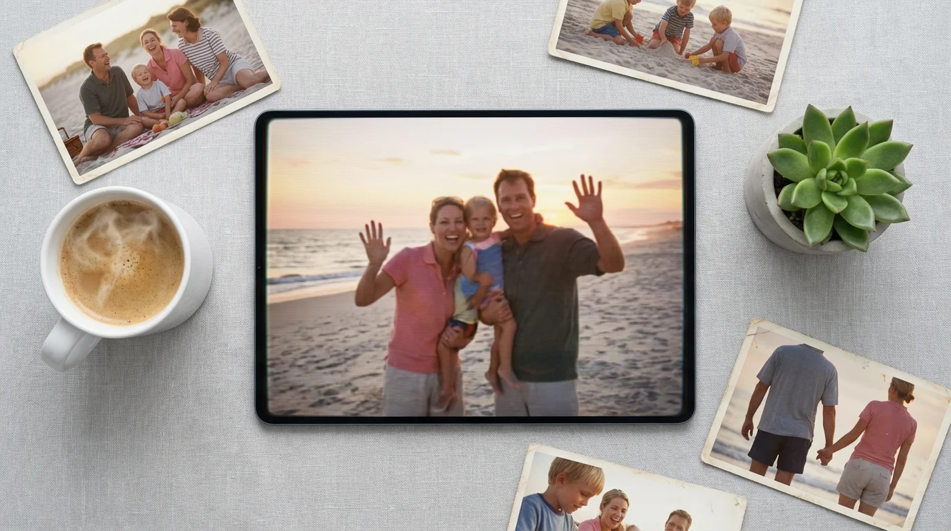 Flat lay of a tablet displaying an old home video, surrounded by vintage photographs.