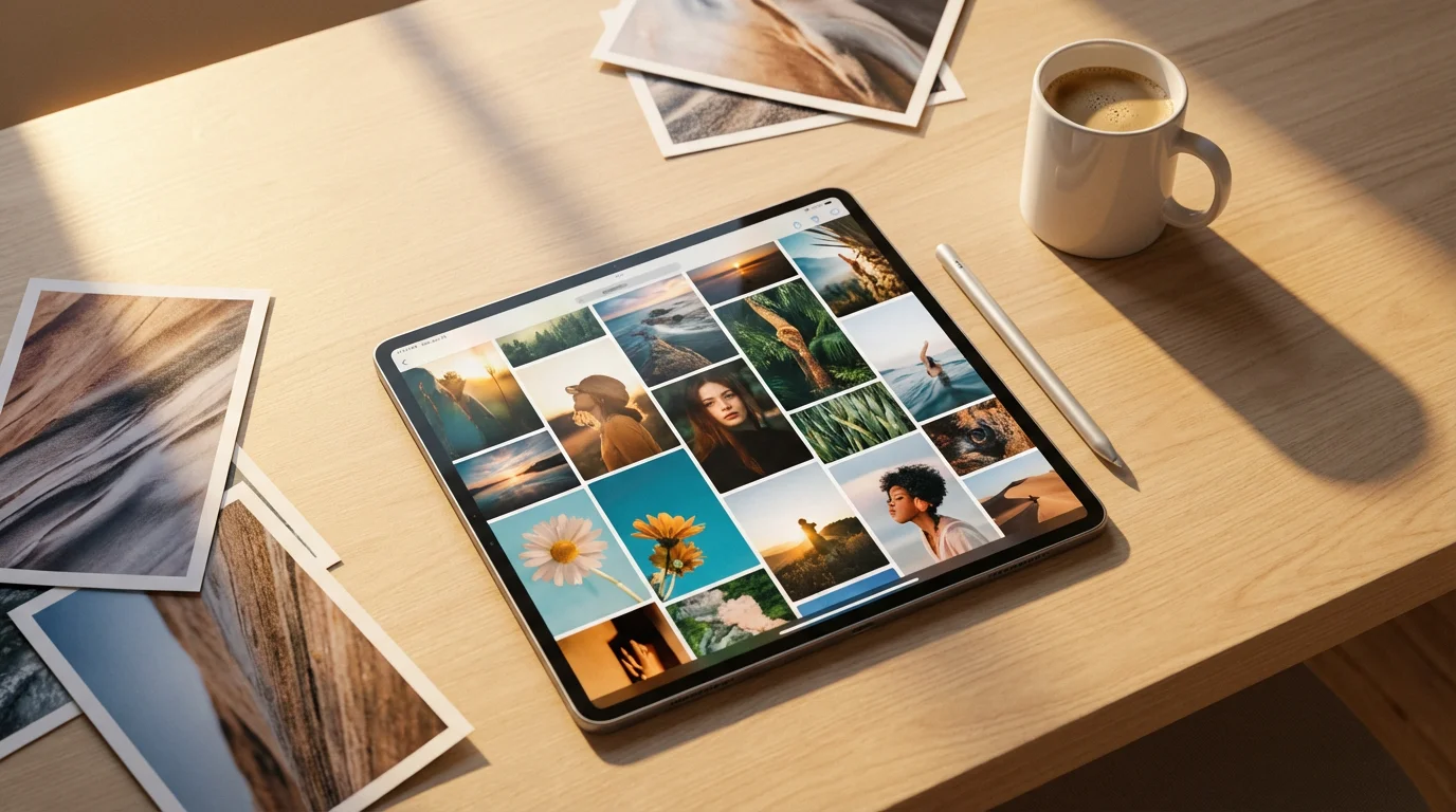 Flat lay of a tablet showing a digital photo collage app on a desk.