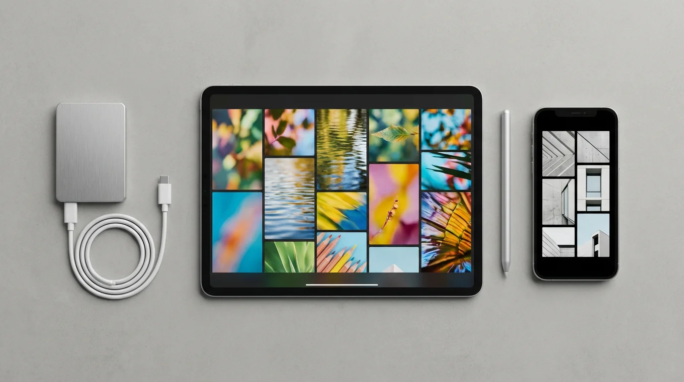 Flat lay of a tablet, smartphone, and external SSD drive for digital photo organization.