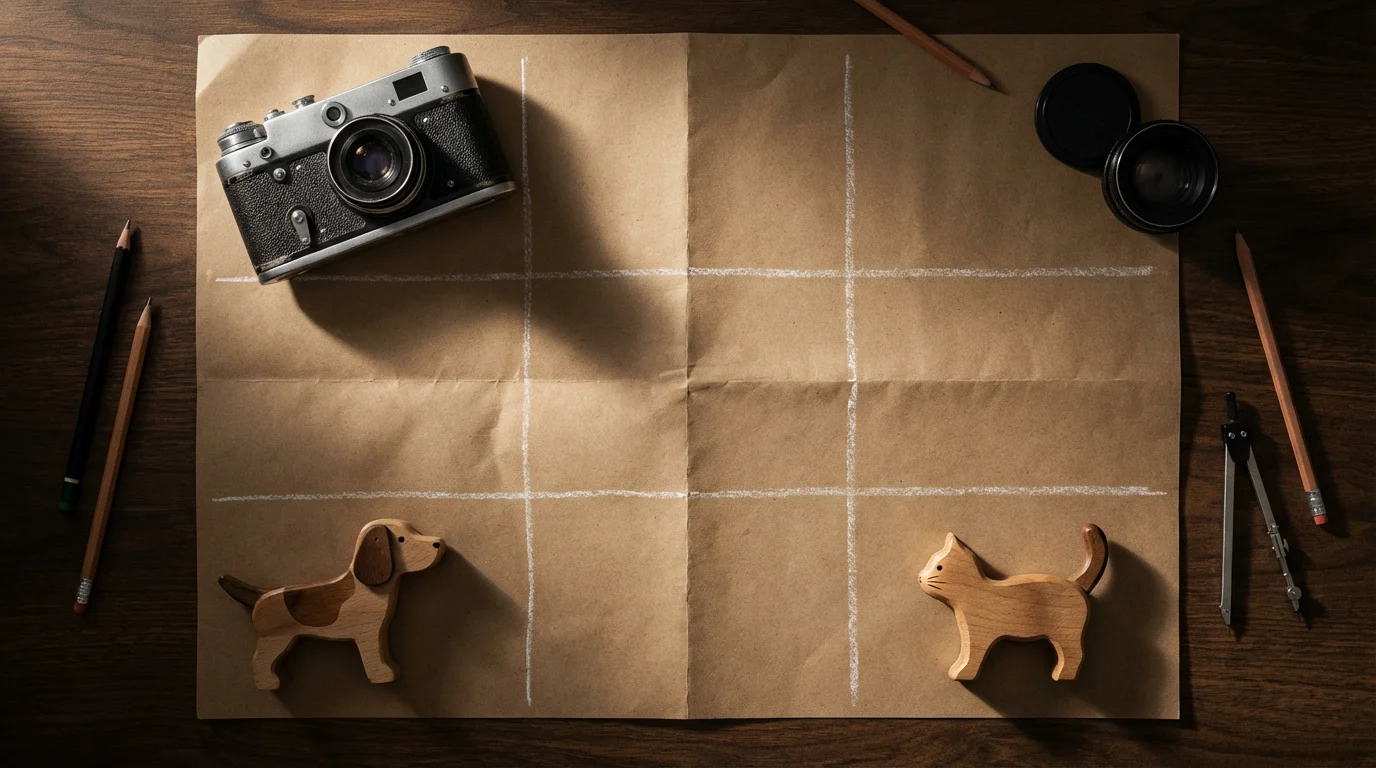 Flat lay of a vintage camera and wooden toys on a compositional grid sketch.