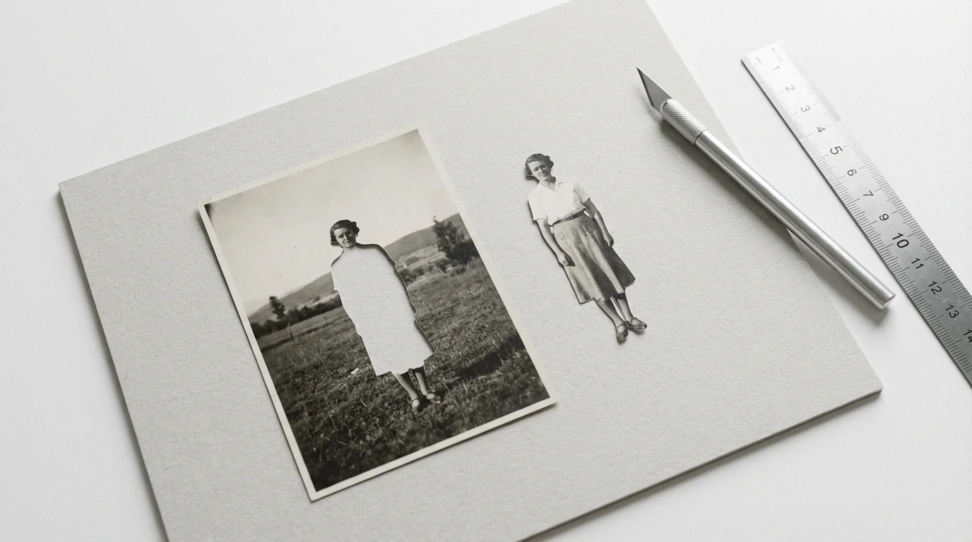 Flat lay of a vintage photo with a person cut out, representing PNG transparency.