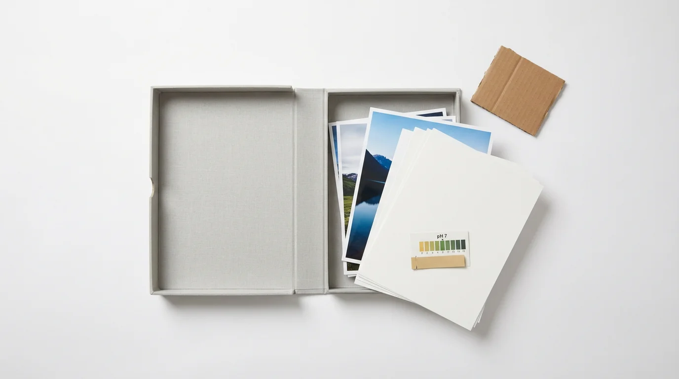 Flat lay of an archival photo box, acid-free paper, and a pH test strip.