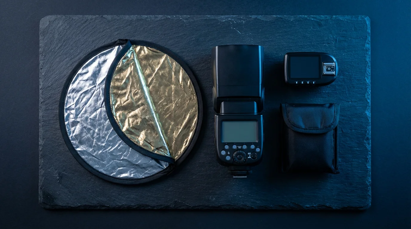 Flat lay of an external camera flash, reflector, and light-shaping accessories at blue hour.