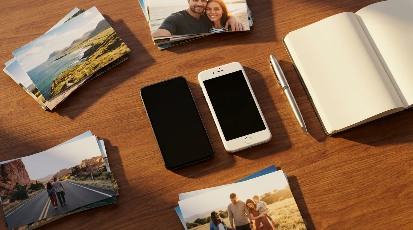 Flat lay of an iPhone, an Android phone, and printed photos on a desk.