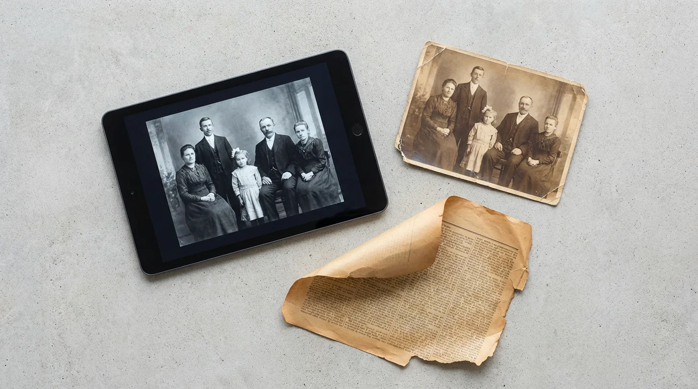 Flat lay of an old photo and newspaper clipping beside a tablet showing its scan.