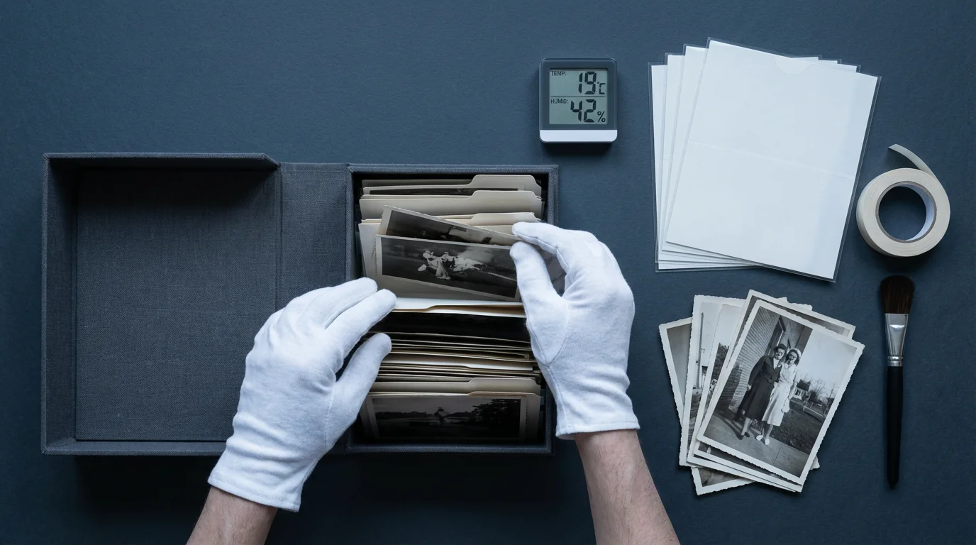 Flat lay of an open archival photo box with hygrometer, gloves, and photo sleeves.