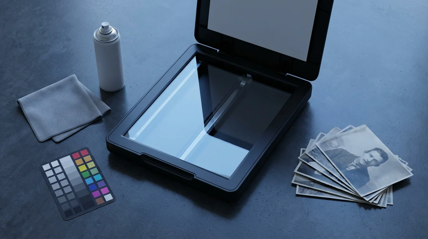 Flat lay of an open photo scanner with cleaning tools and vintage photos.