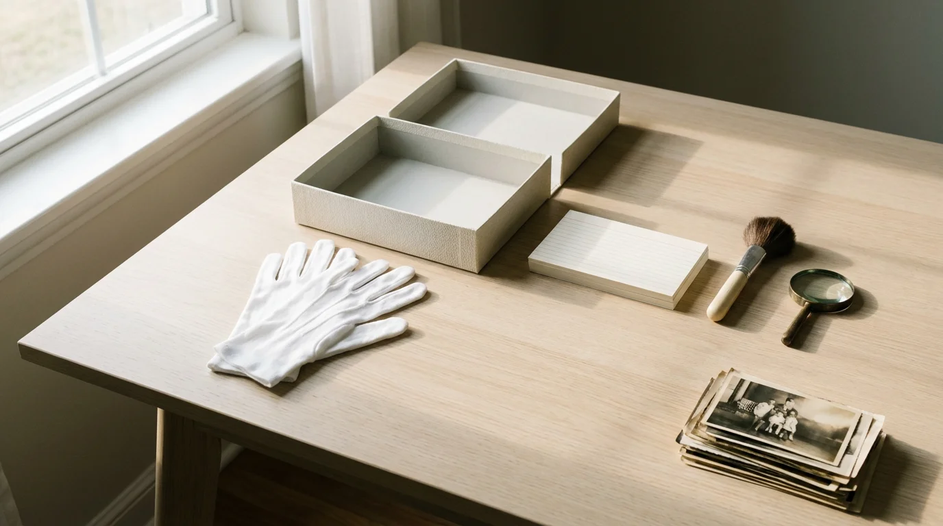 Flat lay of an organized workspace with archival supplies for sorting family photos.