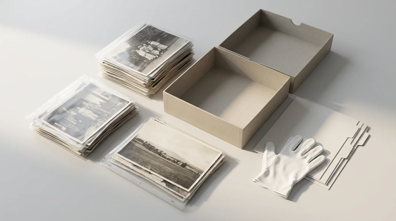 Flat lay of archival photo storage supplies like sleeves, dividers, and an acid-free box.