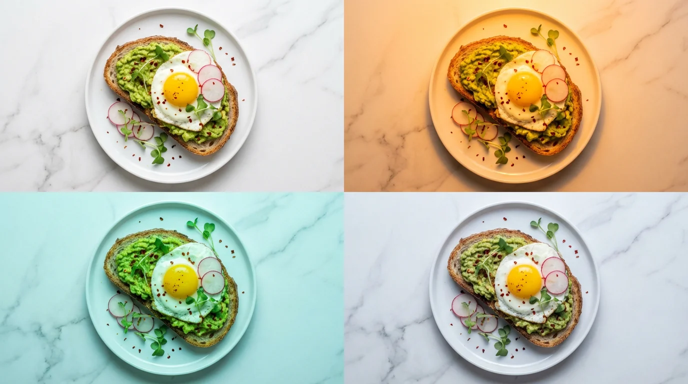 Flat lay of avocado toast shown in four quadrants, each with a different white balance.